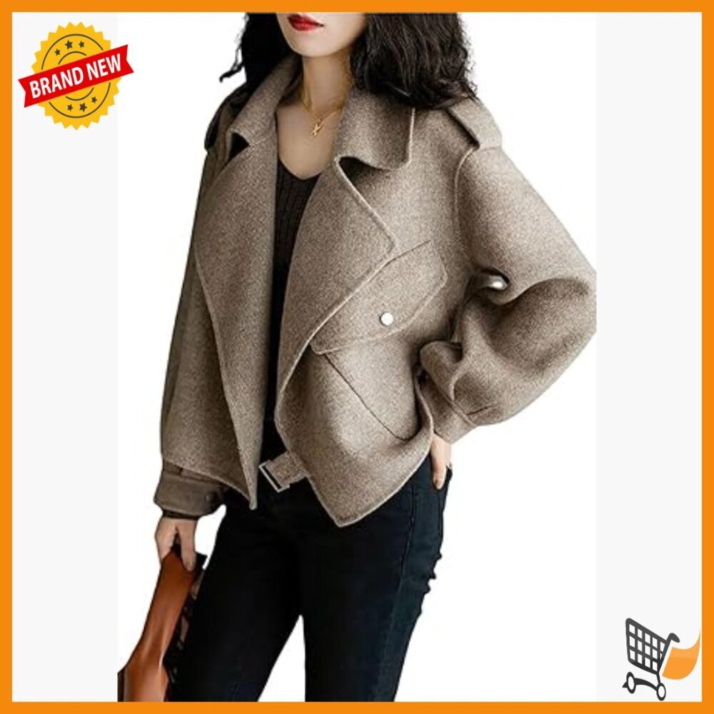 Cropped Wool Blend Blazer Jacket Open Front Loose Fit Trench Coat